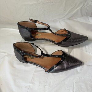HALOGEN Olson Flats Women's 7 Studded T-Strap Black GREY Leather Edgy Workwear